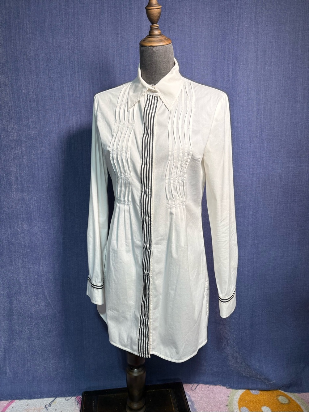 Tristan White Button-Front Tunic Shirt with Black Stripe Detail